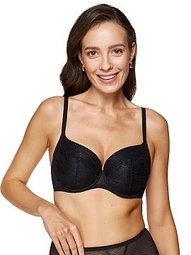 Padded bra Gorteks  Elegant, stiffened bra Cate gives the breasts a natural, rounded shape. The cups are adorned with shiny lace in a floral pattern. Stiffened 