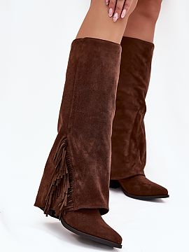Heeled boots Step in style  Slip-on cowboy boots made of eco suede, set on a block heel, are a combination of comfort and style. Pointed toes add elegance, while the sh