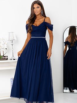 Long gown With You  Navy blue evening dress with a slit and bare shoulders is the epitome of elegance and femininity. Made of light, airy material, it beautiful