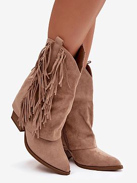 Heeled boots Step in style  Cowboy boots made of eco suede are a stylish model inspired by the western atmosphere. The characteristic fringes add lightness and a specta