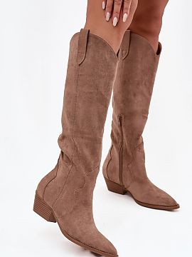 Heeled boots Step in style  Stylish women\'s cowboy boots made of eco suede are an absolute hit of the season! The model, set on a cut heel and ending with a pointed to