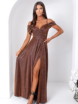 Long dress With You  Elegant long dress with a wrap neckline, thin straps, and sleeves. The dress is cinched at the waist, fastened with a concealed zipper, flar