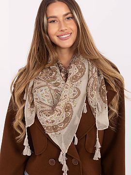 Scarf AT  A scarf with an interesting print and fringes is a fashionable and versatile accessory that will add character to any outfit. The eye-catchi