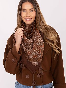 Scarf AT  Scarf with an interesting print and fringes is a fashionable and versatile accessory that will add character to any styling. The striking pa