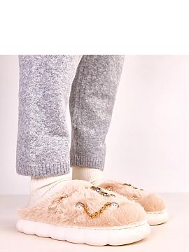 Slippers Solea  Beige covered slippers with Tracy decorations are a proposal for people who appreciate the combination of comfort, elegance, and practicalit