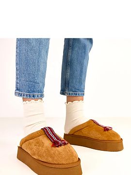 Slippers Solea  Brown covered slippers with a colorful insert Sarah are the perfect choice for people who appreciate warmth, comfort, and home comfort at an