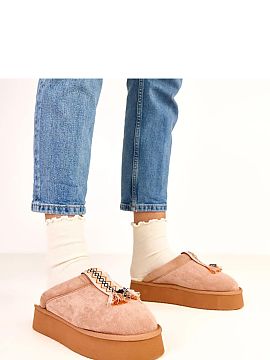 Slippers Solea  Dark beige closed slippers with a colorful insert Sarah are the perfect choice for people who value comfort, warmth, and a fashionable look 