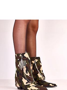 Heel boots Solea  Discover unique style and comfort with our green camouflage ankle boots with zircons Shawen. These heeled ankle boots are a perfect choice f