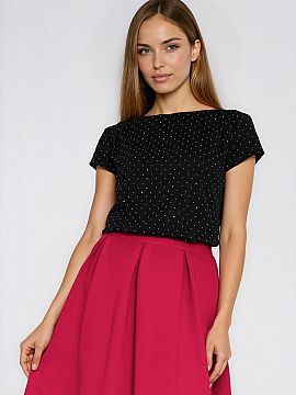 Blouse Nife  Stylish blouse with a fitted fit that effectively emphasizes the silhouette. Made of soft fabric adorned with shiny silver rhinestones, it g