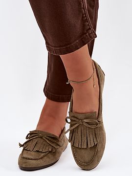 Mocassin Step in style  Flat women\'s moccasins made of eco-suede are a stylish and comfortable proposition for everyday wear. At the front, there are decorative fr