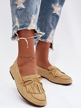 Mocassin Step in style  Flat women\'s moccasins made of eco suede are a stylish and comfortable proposition for everyday wear. At the front, there are decorative fr