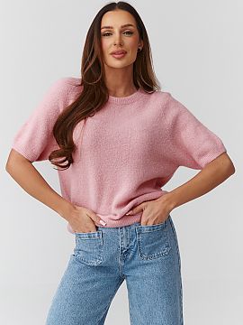 Short sleeve sweater Makadamia  Stylish women\'s sweater in a universal size with a slightly loose oversized cut, which will work perfectly in both casual and elegant styli