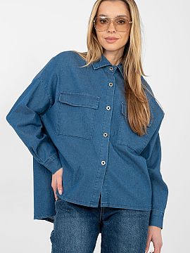 long sleeve shirt Italy Moda  Stylish women\'s denim shirt in a loose, casual style, perfect for everyday occasions. Made of high-quality blend of cotton, elastane, and p