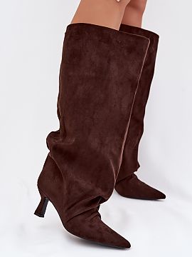 Heeled boots Step in style  Women\'s boots made of eco suede are a stylish proposition for women who appreciate distinctive details. The model is distinguished by a wid