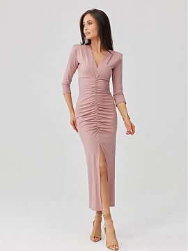 Evening dress Roco Fashion  The fitted midi dress with an eye-catching ruching along the entire length subtly shapes the silhouette and accentuates its assets. The wrap