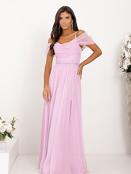 Long dress With You  The lilac evening dress with a slit and open shoulders is the quintessence of elegance and femininity. Made of light, flowing fabric, it bea