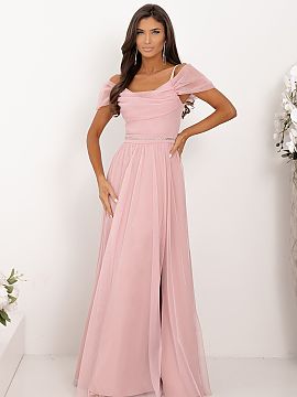 Long dress With You  The powder pink evening dress with a slit and open shoulders is the quintessence of elegance and femininity. Made of light, flowing material