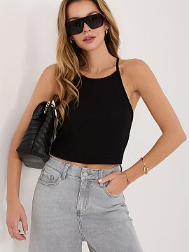 Top Sublevel  Stylish women\'s crop top made of elastic, ribbed material made of a blend of polyester, viscose, and elastane. The fabric is soft, pleasant