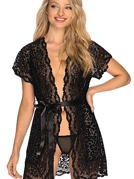Bathrobe Obsessive  Black, mid-length dressing gown made of airy, pleasant to the touch fabric in a leopard print. The model is tied with a lovely, satin belt, 