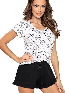 Pyjama Donna  Comfortable and stylish women\'s pajamas that combine comfort with feminine charm. The top is a short-sleeved blouse with a round neckline, 