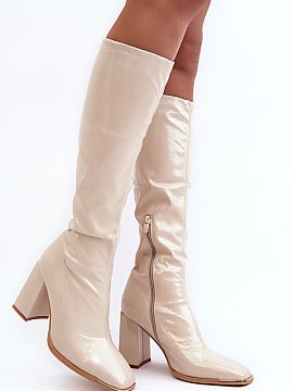 Heel boots Step in style  Women\'s boots with over-the-knee shaft. Made of eco leather. Set on a column-shaped heel. Square toes. Uninsulated. Slip-on model with an a