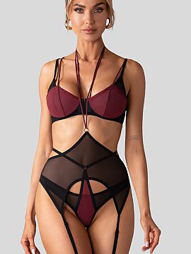 Sexy set Obsessive  The 3-piece Parisel set is an impressive proposal combining transparent mesh, deep burgundy, black, and geometric details. The set includes 