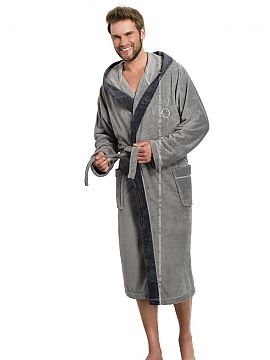 Bathrobe L&L collection  An interesting, smooth robe with a hood. It fits well, is tied at the waist, has two pockets on the hips. Piping in a contrasting colour giv