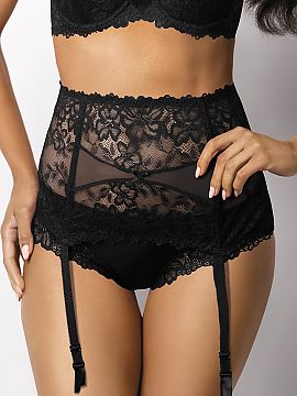 Belt Mat    Sexual high garter belt.
 - made of tempting lace
 - knitted insertion on the front
 - flirtatious bow
 - adjustable, not removable st