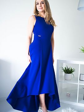 Cocktail dress Jersa  Simple yet elegant dress with zipper at back. Dress is lined, with a fitted top cut off at the waist. Dress in maxi length, longer back, sho