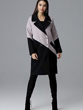 Coat Figl  A stylish two-tone coat with a turn-up collar and pockets. Silver-colored snap fasteners add charm. Perfect for everyday use.