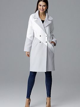 Coat Figl  A stylish two-tone coat with a turn-up collar and pockets. Silver-colored snap fasteners add charm. Perfect for everyday use.