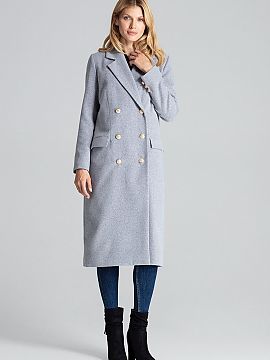 Coat Figl  Grey double-breasted classic coat with collar and fabric lining with decorative metal buttons in gold. Decorative buttons on the sleeves, fr