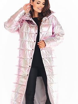 Coat awama  A long, straight holographic coat fastened with press studs. High collar protects against the cold. Hands can be hidden in pockets, which ar