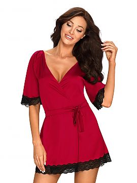 Bathrobe Obsessive  A beautiful, dark red negligee tied up at the waist with a ribbon. The edges are finished with black, sensual lace. The fabric in Silky Touc