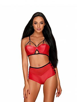 Sexy set Obsessive  Chase away boredom! With set Leatheria Red by Obsessive, evening will be unforgettable for sure. The set is made of red, Wet Look fabric com