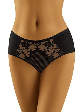 Panties Wolbar  Tasteful panties, slightly higher than usual. On the front delicate tulle decorated with floral embroidery. Smooth sides and back, subtle ri