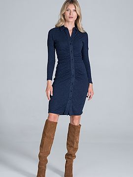 Daydress Figl  Midi dress with a collar in a flowing ribbed knit, long sleeves, pleated at the front and buttoned.