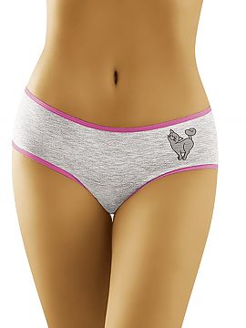 Panties Wolbar  Cute cotton bikini bottom with a print of a feline pussycat. On the back, on the buttocks there are cat\'s paws... Soft grey colour with pin