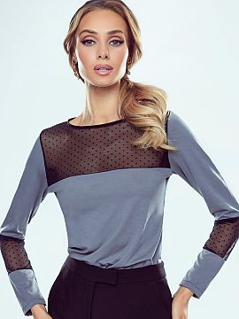 Blouse Eldar  Comfortable long sleeve blouse decorated with tulle inserts in small black dots. Tulle emphasizes both the neckline and the sleeves, making 
