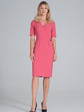 Daydress Figl  Midi pencil dress with an envelope neckline, a waist cut with darts and decorative buttons imitating pockets. Short sleeves, zip at the back