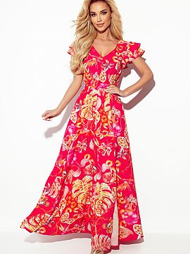 Cocktail dress Numoco  Long dress with neckline and ruffles on shoulders. Dress in pink with flowers and leaves. Brand numoco. Made in Poland.