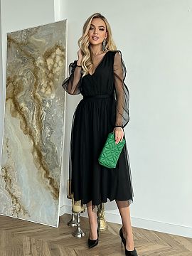 Evening dress Bicotone  Midi dress with a slightly flared layered skirt trimmed with brocade mesh. The top of the creation is crinkled with long sleeves finished wi