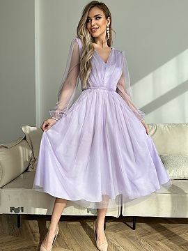 Evening dress Bicotone  Midi dress with a slightly flared layered skirt trimmed with brocade mesh. The top of the creation is crinkled with long sleeves finished wi