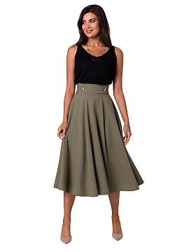 Skirt BeWear  A flared midi skirt with a high waist and decorative buttons. The skirt is fastened with a covered zipper.