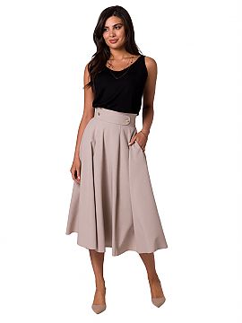 Skirt BeWear  A flared midi skirt with a high waist and decorative buttons. The skirt is fastened with a covered zipper.