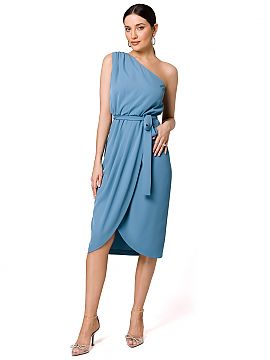 Cocktail dress Makover  A subtle but alluring one-shoulder motif, figure-flattering draping and an overlap cut that slightly exposes the leg. The dress fastens with