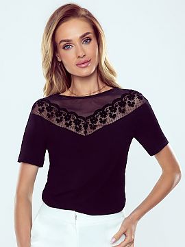 Blouse Eldar  Short-sleeve blouse with a transparent neckline on both the front and back, made of tulle and lace. Blouse designed and sewn in Poland.
