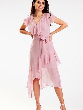 Daydress awama  Elegant dress with an asymmetrical cut. The bottom of the dress is decorated with a ruffle, which is beautifully arranged when walking. The 