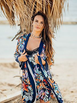 Bathrobe Eldar  An airy 3/4-sleeve bathrobe in energetic floral prints is the perfect choice for those looking for a unique, feminine piece for their nightw