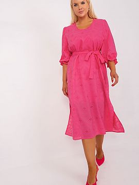 Plus size dress Lakerta  Cotton plus size dress with 3/4 sleeves and round neckline. The dress has a lining, with a tie at the waist. The dress is made of fabric wit